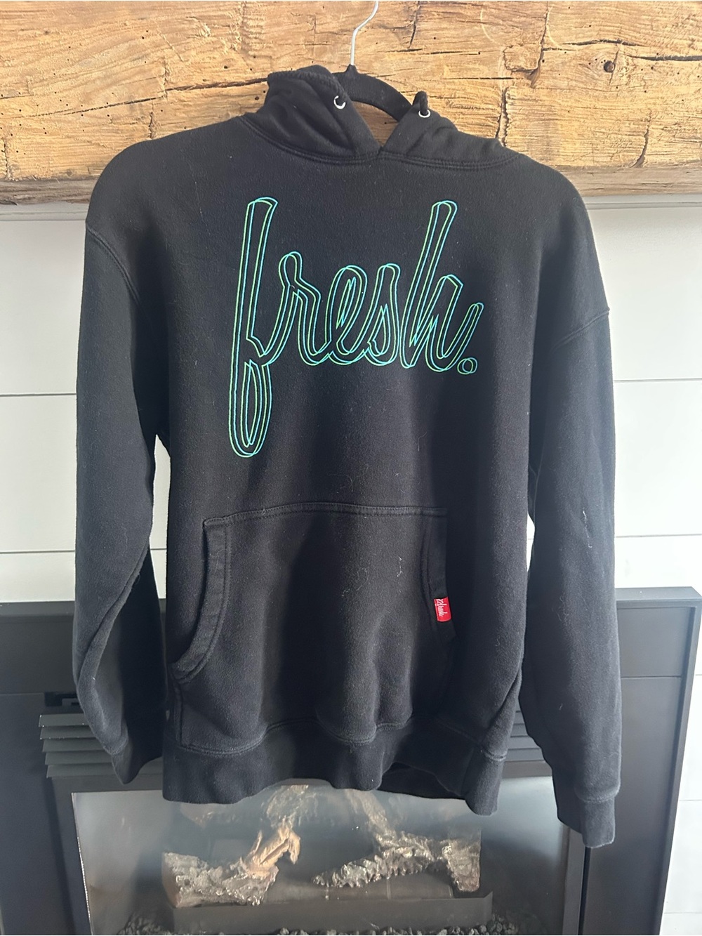 Black Hoodie with Teal Script "fresh."